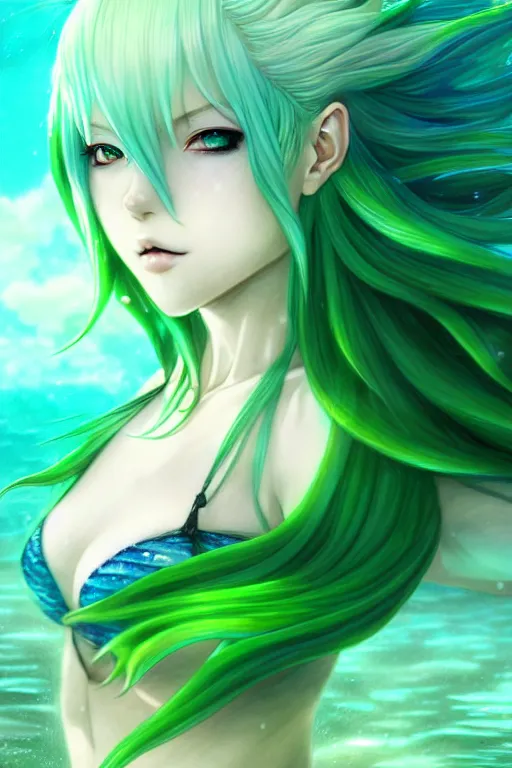 Image similar to beautiful green hair mermaid, anime style, epic underwater scenery wallpaper aesthetic, pastel colors, cinematic, dramatic, super detailed and intricate, hyper realistic, 4 k render, by artgerm, by kyoung hwan kim, by ralph mcquarrie, by yoshiyuki tomino