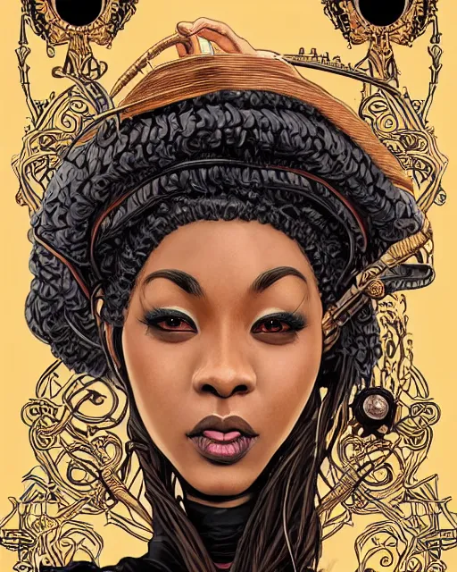 Prompt: a detailed portrait illustration of a steampunk wizard - dancer. attractive black asian female face, alluring expression. art nouveau, pop art, comic book style. influenced by neil gaiman, h. p. lovecraft, dan mumford, brian froud, vadim voitekhovitch, osborne macharia, ross tran.