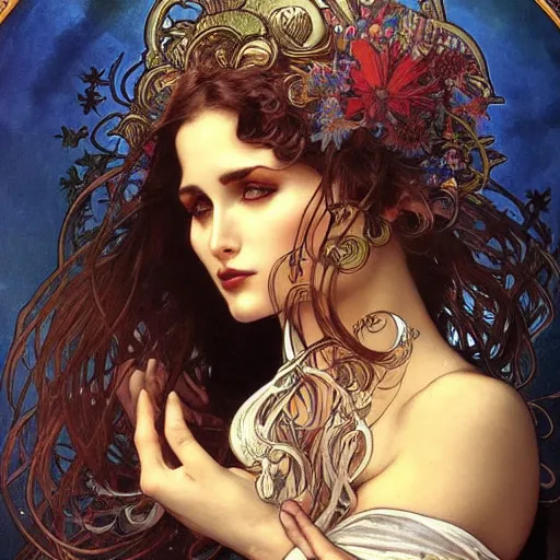 Prompt: realistic detailed face portrait of Iman by Alphonse Mucha, Ayami Kojima, Amano, Charlie Bowater, Karol Bak, Greg Hildebrandt, Jean Delville, and Mark Brooks, Art Nouveau, Neo-Gothic, gothic, rich deep moody colors