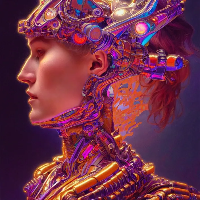 Image similar to bright psychedelic hairy cyborg, diffuse lighting, fantasy, intricate, elegant, highly detailed, lifelike, photorealistic, digital painting, artstation, illustration, concept art, smooth, sharp focus, art by John Collier and Albert Aublet and Krenz Cushart and Artem Demura and Alphonse Mucha