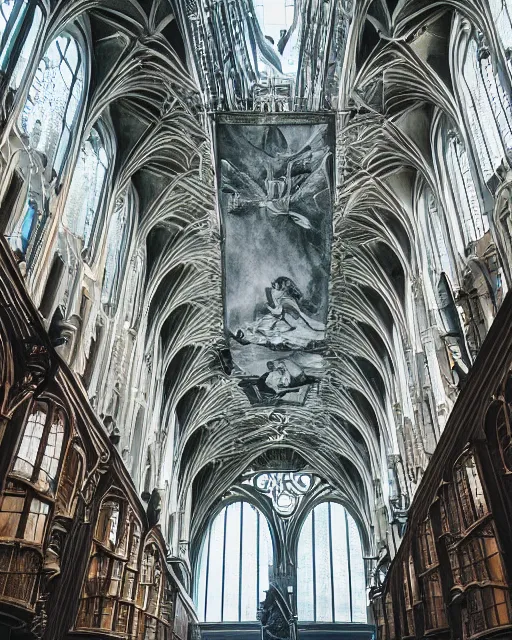 Image similar to a beautifulharry potter school of wizardry, beautiful architecture, low vantage point, cinematic photography, light rays, complex structure, incomprehensible scale