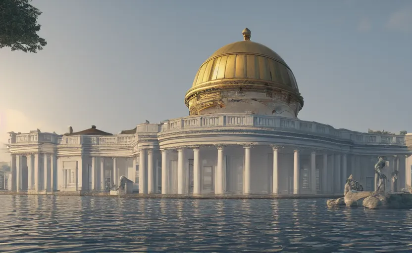 Prompt: neoclassical building with dome in the middle lake, octane render, unreal engine, artstation trending, horror scene, highly detailded