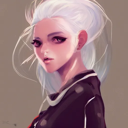 Image similar to portrait of a girl sorcerer with white hair in a messy white hairbun. She is wearing a short black tshirt, jeans pants, a red scarf. digital art, character design. in the style of wlop, rossdraws, artstation trending