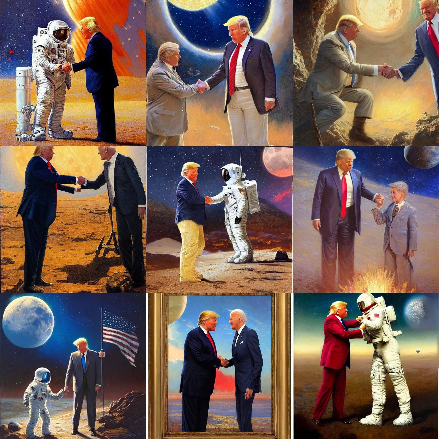 Prompt: concept art portrait donald trump shaking hands with portrait joe biden on the moon, highly detailed painting by gaston bussiere, craig mullins, j. c. leyendecker 8 k