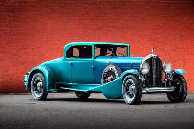 Image similar to full color photo of cyberpunk version of a 1 9 3 0 cadillac v 1 6, neon