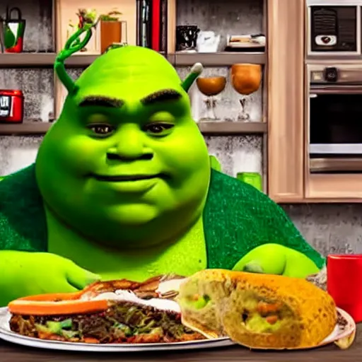 Image similar to morbidly obese shrek doing mukbang on video 4k