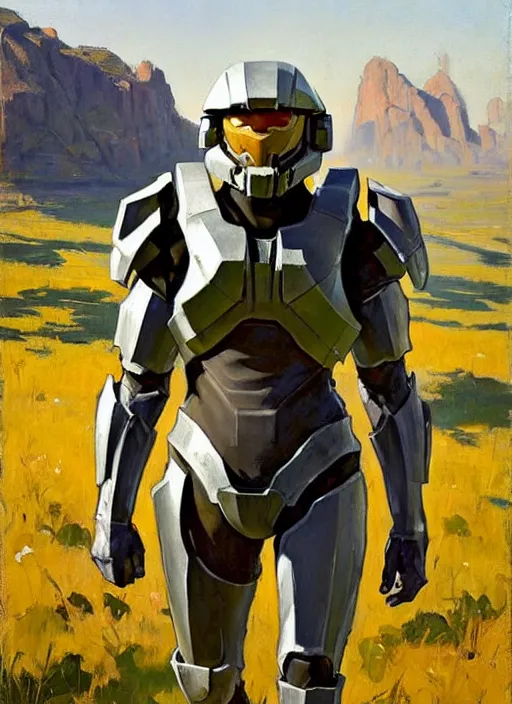 Image similar to Greg Manchess painting of a humanizedCorgian wearing Forerunner Armor from Halo, countryside, calm, fantasy character portrait, dynamic pose, above view, sunny day, artwork by Jeremy Lipkin and Giuseppe Dangelico Pino and Michael Garmash and Rob Rey, very coherent asymmetrical artwork, sharp edges, perfect face, simple form, 100mm