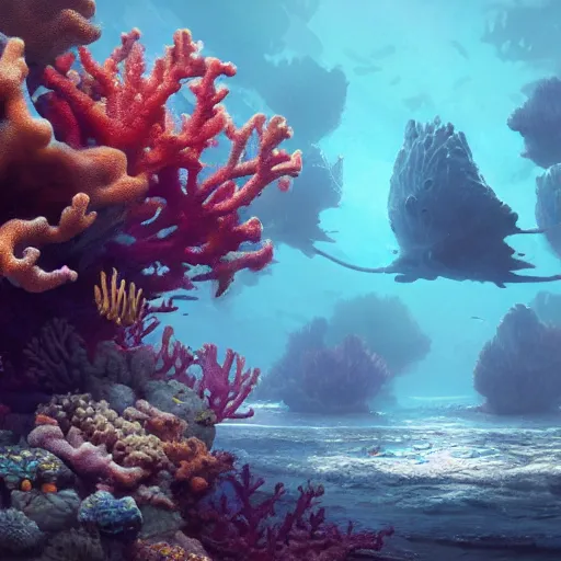 Image similar to beautiful coral reef photorealistic painting, wlop, concept art, octane render, deviantart, greg rutkowski, cinematic, artstation, key art, hyperrealism