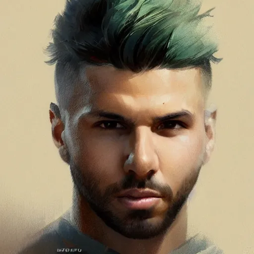 Prompt: portrait of sergio aguero with almost no beard by greg rutkowski, young, attractive, highly detailed portrait, scifi, digital painting, artstation, concept art, smooth, sharp foccus ilustration, artstation hq