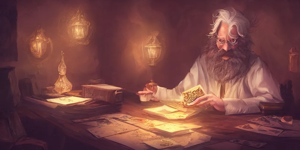 Prompt: wizard shuffling cards, cards, fantasy, digital art, soft lighting, magic, concept art, 8 k