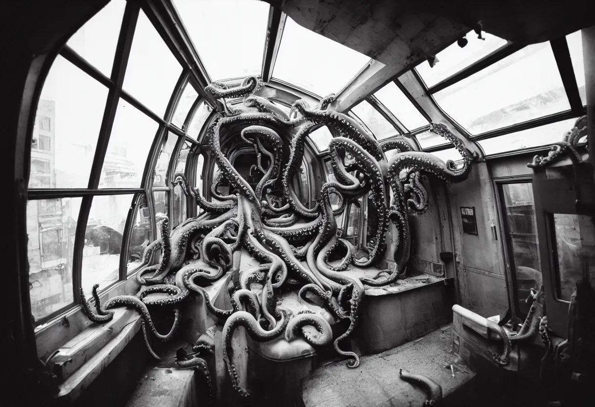 Image similar to a busy subway wagon, there is a huge monster octopus on the interior, tentacles creeping in through the windows and gaps, people are scared and screaming while trying to flee through the windows, 1 6 mm lens,