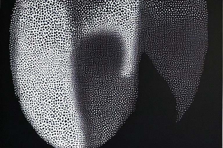 Image similar to face made out of mist, faceless people dark, dots, drip, stipple, pointillism, technical, abstract, minimal, style of francis bacon, asymmetry, pulled apart, cloak, hooded figure, made of dots, abstract, balaclava