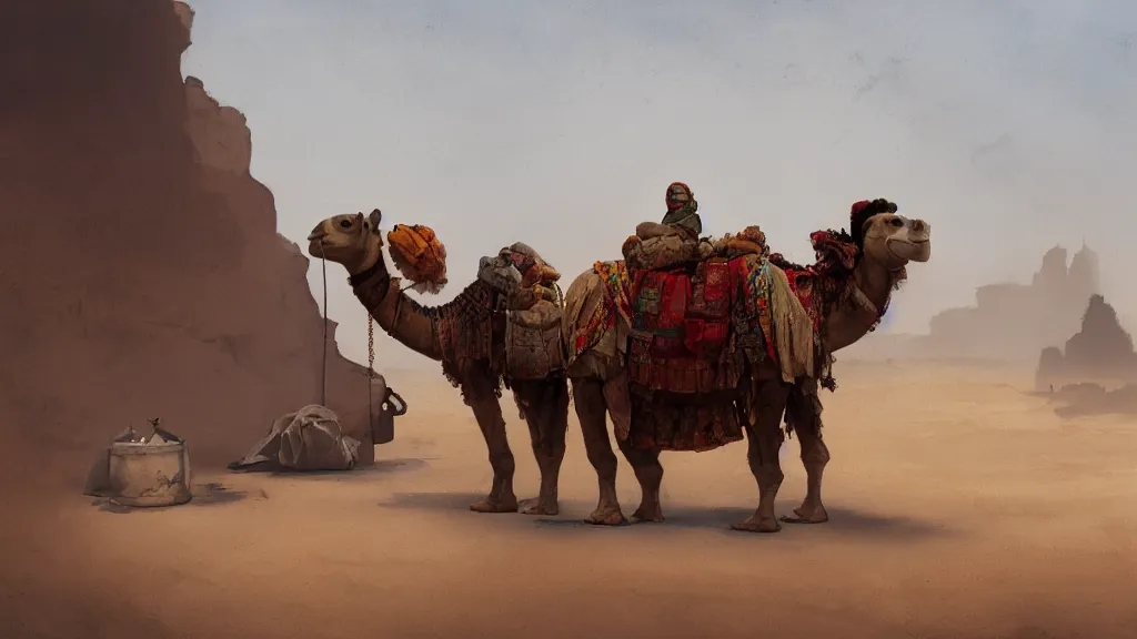 Image similar to arabian merchant with colored bags feeding a camel in a desert, watercolored, jakub rozalski, dark colours, dieselpunk, artstation