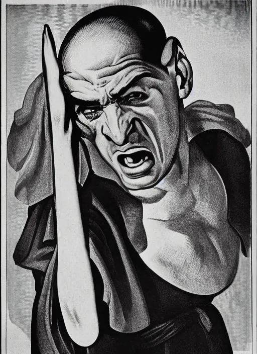 Image similar to portrait of glamorous bald medieval man with big nose and annoyed gesture,look of hate, threatening pose, 1940s propaganda poster, full hd,highly detailed