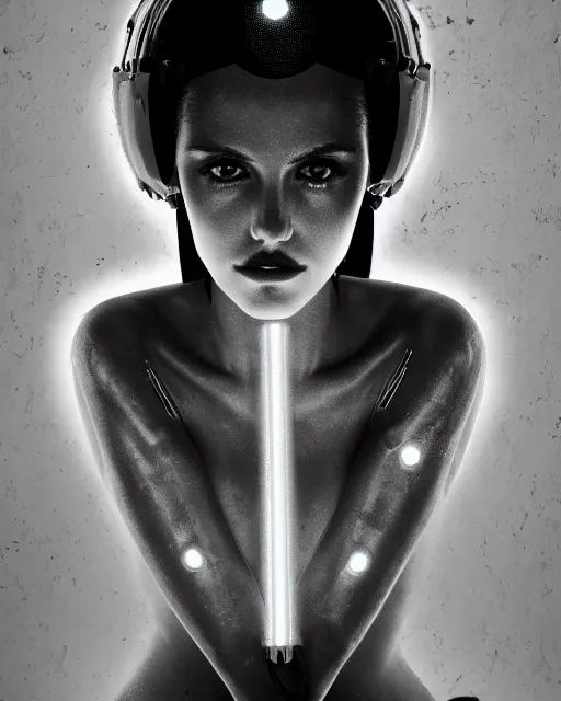 Image similar to centered portrait of soulful eiza gonzalez as a solarpunk mecha humanoid robotic parts with bright led lights, real human face, pudica gesture bouguereau style, in white room, ultra - realistic and intricate, soft portrait shot 8 k