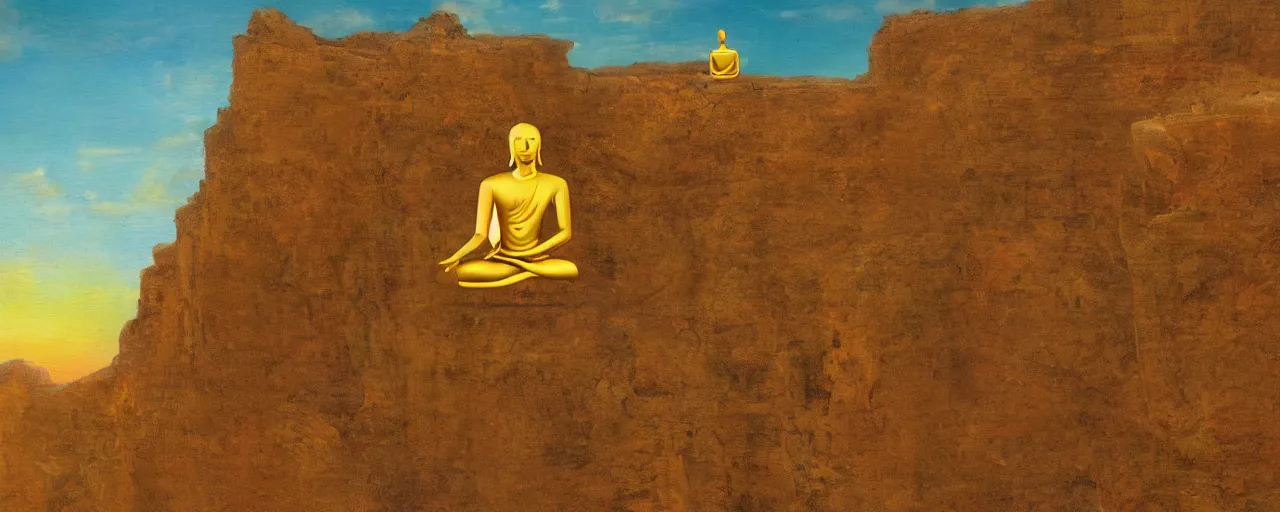 Prompt: a surreal golden painting of a man meditationg on a cliff where he sees giant buddahs eyes floating in the desert