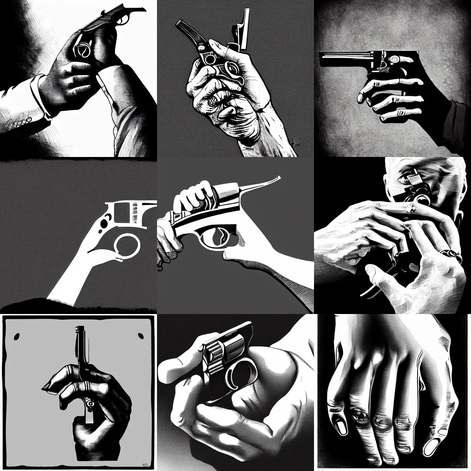 Prompt: pen and ink portrait of a hand gripping a revolver with its finger on the trigger, impressive scene. grainy and rough. black and white colour scheme. beautiful artistic detailed digital art