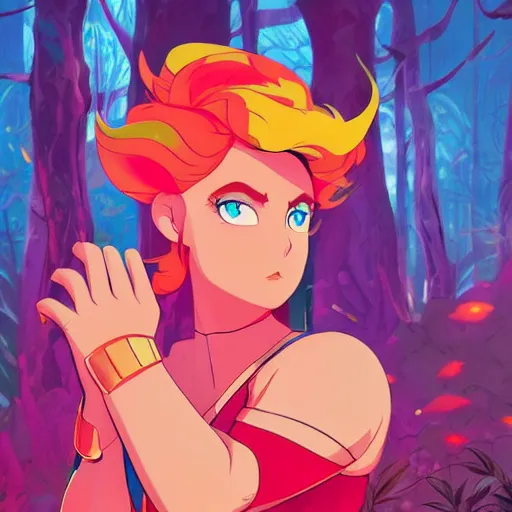 Image similar to portrait of adora from she-ra, colorful fantasy forest background, rich vivid colors, ambient lighting, dynamic lighting, 4k, HQ, official media, anime key visual, makoto shinkai, ilya kuvshinov, lois van baarle, rossdraws, detailed, trending on artstation
