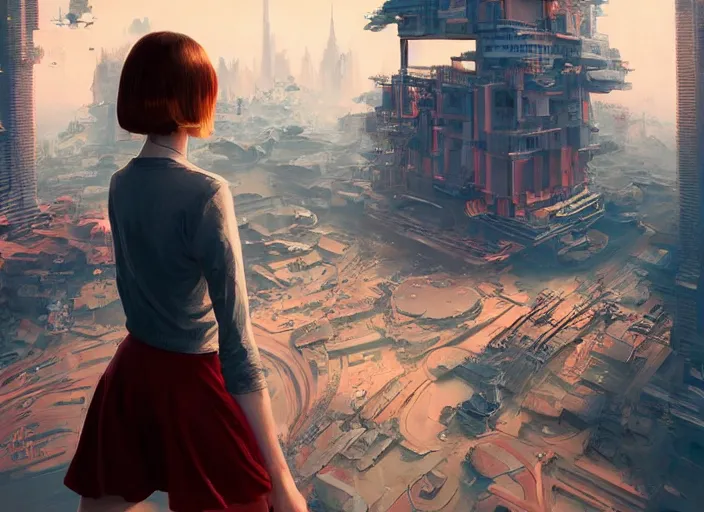 Image similar to gorgeous inspiring girl waving a red flag over her head enthusiastically walking through Mandelbrot fractal futuristic bustling utopian city by Craig Mullins, ilya kuvshinov, krenz cushart, artgerm trending on artstation by Edward Hopper and Dan Mumford and WLOP and Rutkovsky, Unreal Engine 5, Lumen, Nanite