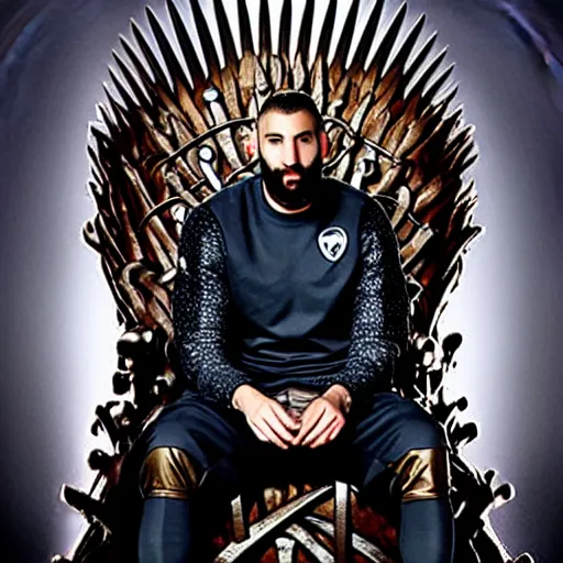 Image similar to Karim Benzema sitting on the iron throne, 4k, award winning, Photograph