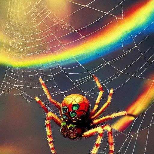 Prompt: spider on a rainbow colored web, 8 k octane beautifully detailed render, post - processing, extremely hyper - detailed, intricate, epic composition, cinematic lighting, masterpiece, trending on artstation, masterpiece, stunning art by anders zorn, wonderful masterpiece by greg rutkowski, beautiful cinematic,