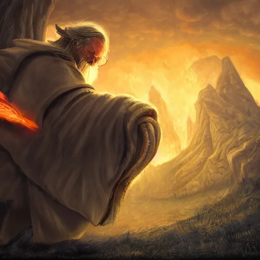 Image similar to Ralph Wiggum as Gandalf, fighting the Balrog in Moria, cinematic art, style of Artgerm and Greg Rutowski, digital painting, high detail