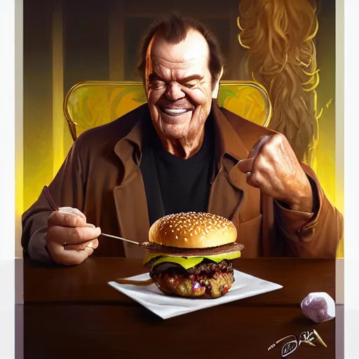 Prompt: portrait of jack nicholson eating hamburgers, extra onions and ketchup, luscious patty with sesame seeds, feminine ethereal, handsome, d & d, fantasy, intricate, elegant, highly detailed, digital painting, artstation, concept art, matte, sharp focus, illustration, art by artgerm and greg rutkowski and alphonse mucha