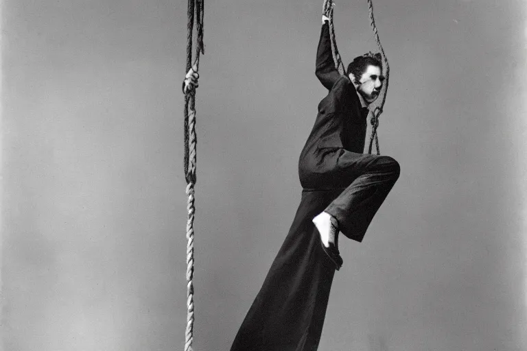 Prompt: photograph of a vampire nervously walking on a hanging rope trying to balance himself, wide shot