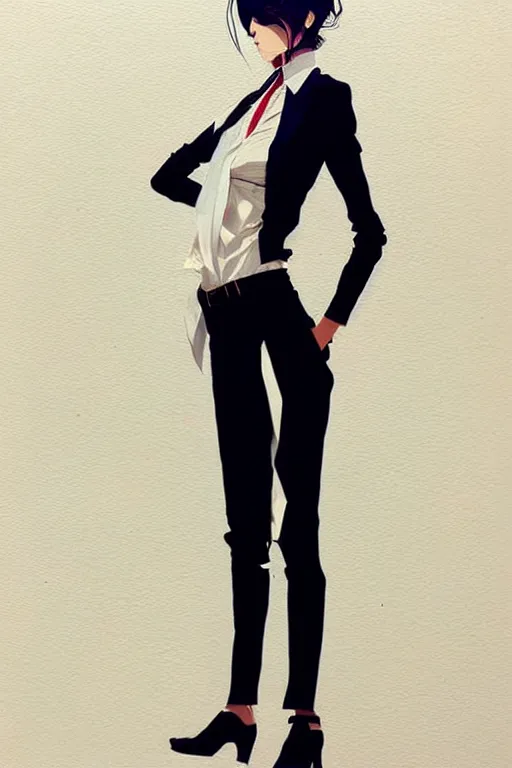 Image similar to a ultradetailed beautiful panting of a stylish woman, she is wearing a white shirt with a tie and black pants, by conrad roset, greg rutkowski and makoto shinkai trending on artstation