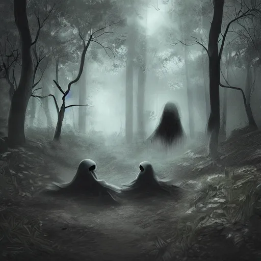 Image similar to a macabre ghost chatting with a kid in the middle of a dark forest, trending on artstation, realistic, obscure, dramatic scene