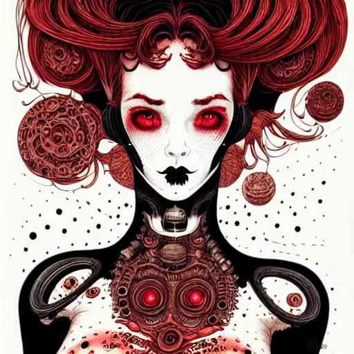 Image similar to highly detailed portrait of a biopunk lady, black take top, red hair by joe fenton and by kaethe butcher, gradient red, brown, blonde cream and white color scheme, grunge aesthetic!!! ( ( graffiti tag wall background ) )