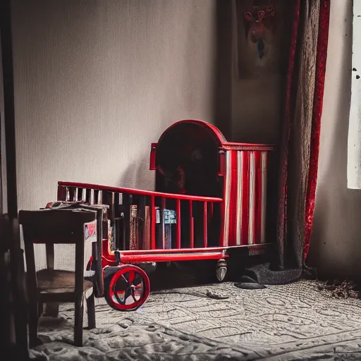 Prompt: A darkened kitsch-filled dusty parlor brightened by the morning sun, a (child\'s red wagon filled with books) is in the corner of the room, cinematic, vignette, ultrarealistic, photograph, 55mm