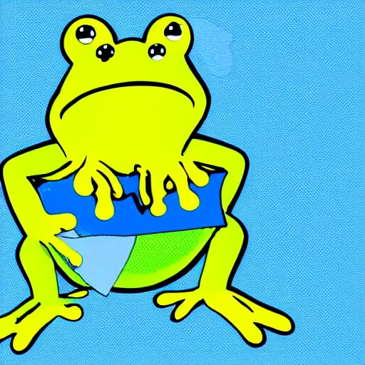 Image similar to cartoon, happy frog wearing a blue ikea bag as pants