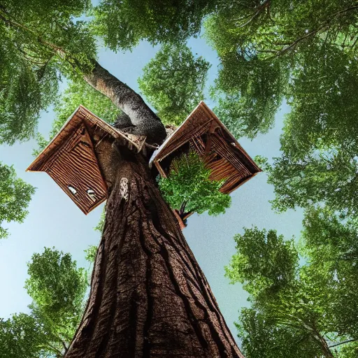 Prompt: a house with a tree growing on it's roof, the photo was taken from the ground looking up at the tree, realistic, ultra high detail, ambient lighting, 8k.