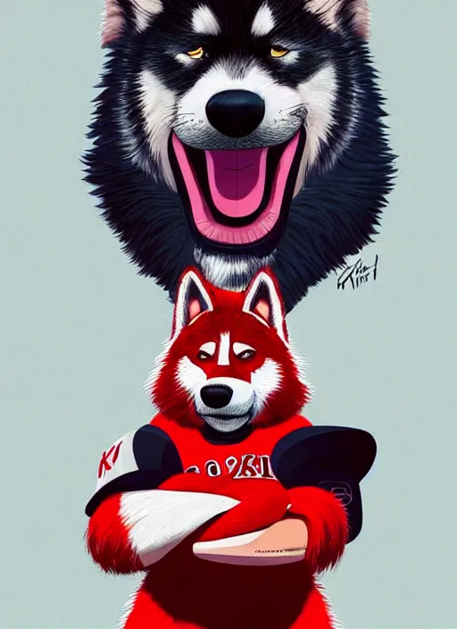 Image similar to commissioned full body portrait of a male anthro aslakan malamute with red fur playing baseball in a baseball stadium wearing a baseball uniform, by Kilian Eng, by Sandra Chevrier, trending on artstation