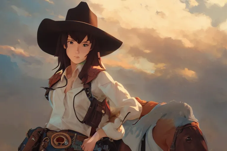 Image similar to western cowgirl, single centered subject, mid shot, ambient lighting, detailed face, by makoto shinkai, stanley artgerm lau, wlop, rossdraws