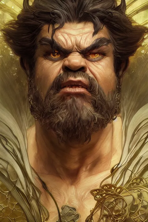 Prompt: portrait of dwarf as a hulking herculean demon, forest, godlike, full body, fantasy, intricate, elegant, highly detailed, digital painting, artstation, concept art, sharp focus, illustration, art by artgerm and greg rutkowski and alphonse mucha