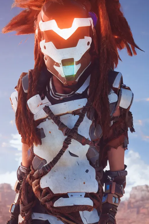 Image similar to combination suit armor aloy horizon forbidden west horizon zero dawn robot ninja mask helmet backpack tribal, aesthetic octane render, 8 k hd resolution, by ilya kuvshinov and cushart krentz and gilleard james radiating a glowing aura cgi rtx 2 0 2 2