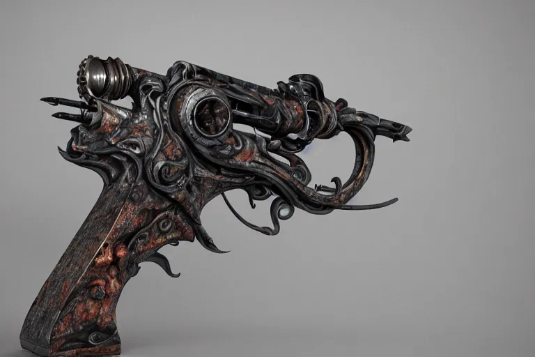 Image similar to a bionical revolver made from the rotten flesh and bones, perfect studio light, hypnotic, mind - bending, incomprehensible, 8 k, 3 0 mm lens, epic studio shot, ultra detailed, object photoshooting, octane render