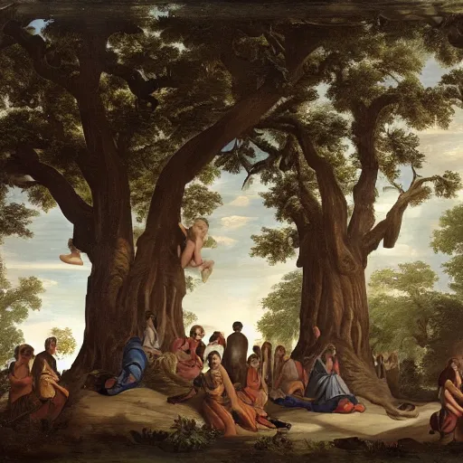 Prompt: A bunch of giant humans under trees, baroque style.