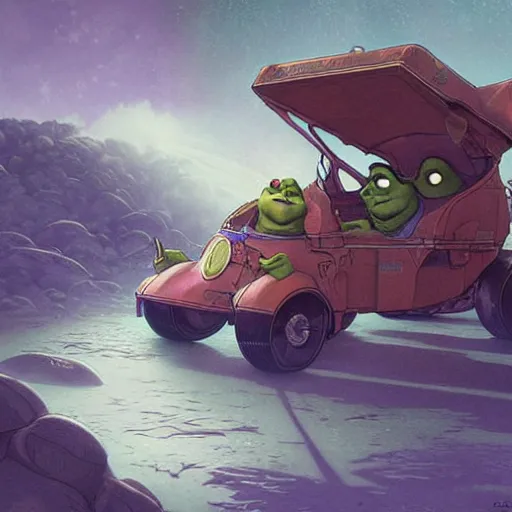 Image similar to shrek travels to the moon in a car, highly detailed, digital painting, artstation, concept art, smooth, sharp focus, illustration, art by artgerm and greg rutkowski and alphonse mucha