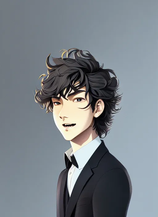 Image similar to young man with medium - length, curly, golden hair, perfectly proportioned face, aquamarine eyes, sweet smile, wearing a black suit, natural lighting, path traced, highly detailed, high quality, animation art, digital painting, by new haicheng and studio ghibli