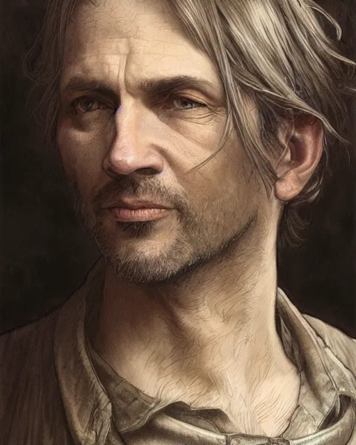 Image similar to portrait of 4 0 - year - old man, with a pale face with premature lines, and light brown hair going grey, wearing in shirt, hyper realistic face, beautiful eyes, fantasy art, in the style of greg rutkowski, intricate, alphonse mucha, hyper detailed, smooth