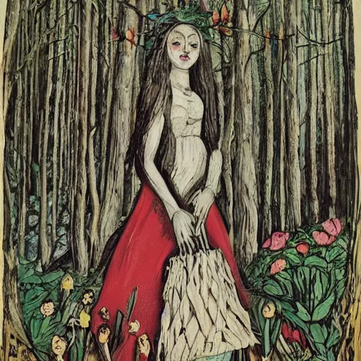 Image similar to In the experimental art Vasilisa can be seen standing in the forest, surrounded by animals. She is holding a basket of flowers in one hand and a spindle in the other. Her face is turned towards the viewer, with a gentle expression. In the background, the forest is depicted as a dark and mysterious place. american romanticism, Pokémon by Lucian Freud, by Marjorie Miller defined, blocks