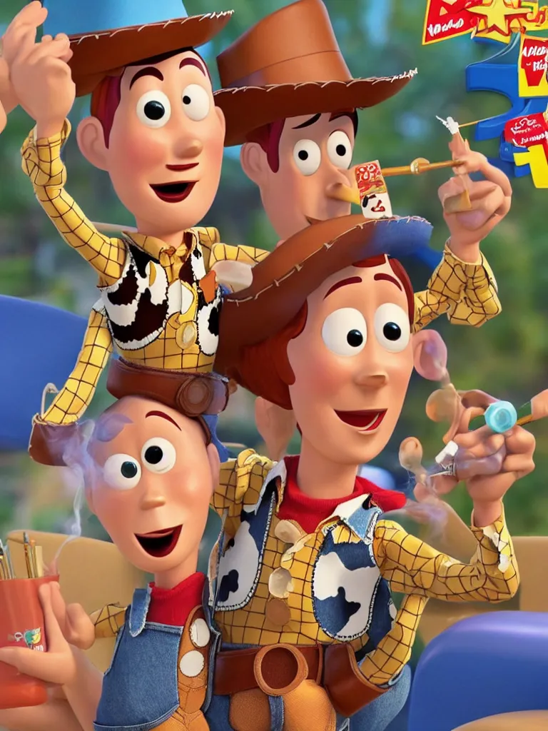 Prompt: woody from toy story, wearing sexy lingerie, seductive, drag queen, smoking cigarette and drinking cocktails, snorting cocaine, smoking bong, hallucinating, drunk, in the style of pixar, children's tv show