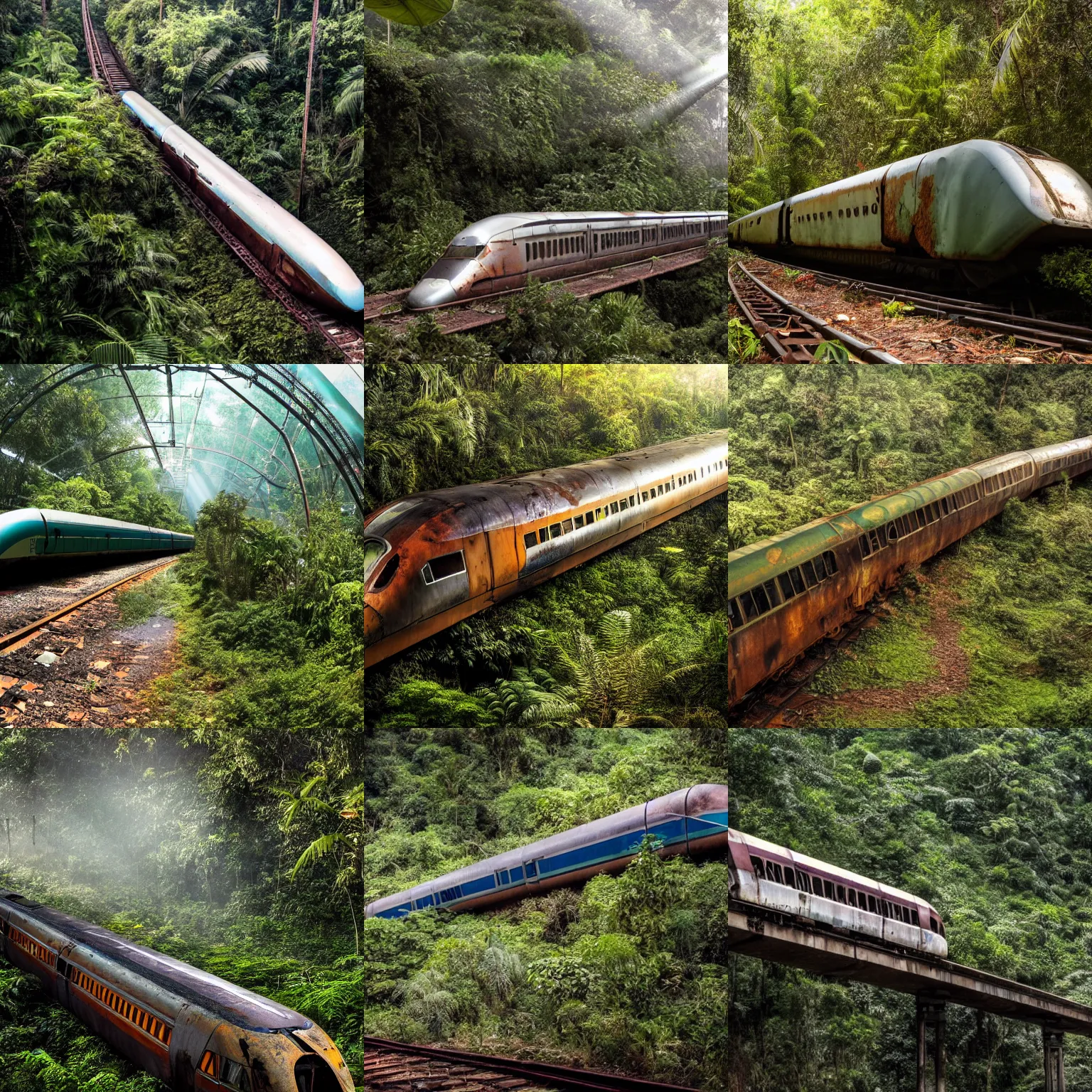 Prompt: Rusted, abandoned and overgrown Maglev train, in a jungle, dramatic lighting, god rays, post-apocalyptic