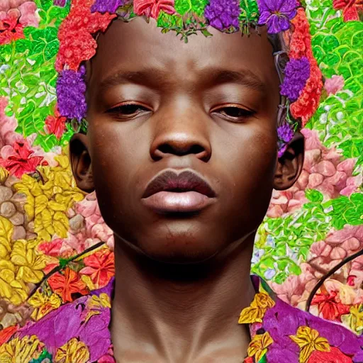 Image similar to colourful vfx art - portrait of nigerian boy wrapped in flowers & vines, art by utagawa kunisada & james jean, volumetric light, ray tracing, unreal engine, octane render, sharp, detailed, digital painting, illustration, highly detailed, intricate detail, pinterest, behance, art station,