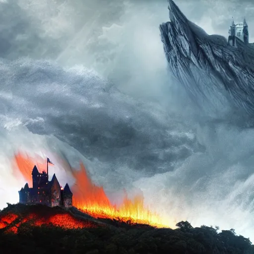 Prompt: a knight going to jump to get on dragons back as fire inflames the ground beneath him, with castle in distance, stormy, raining, 4 k, hd, realistic