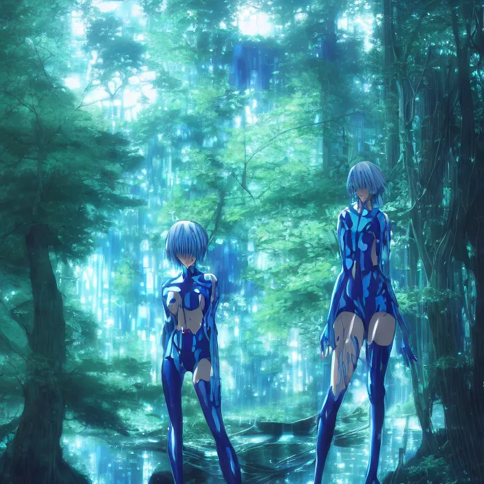 Prompt: rei ayanami, male anime character, in the woods, fractal, liminal space, Japan Lush Forest, technological rings, water dripping leaves blue rings faint turquoise glowing aura Leviathan awakening from Japan in a Radially Symmetric Alien Megastructure turbulent bismuth glitchart Luminism Romanticism by John William Waterhouse . Atmospheric Cinematic Environmental & Architectural Design Concept Art by Tom Bagshaw Jana Schirmer Jared Exposure to Cyannic Energy, Darksouls Concept art by Finnian Macmanus, Rei Ayanami, fractal recusion mandelbulb fractal wisdom acrylic pouring , by beeple, apophysis, aesthetic gradient, hyperdetailed landscape, sugar microscopic image, loop hole from Japan in a lush flora of water dripping leaves and echoing blue rings of sound emanating from the center of the screen with a faint turquoise glowing aura fractal pearlescent iridescent surrealist turbulent bismuth glitchart Luminism Romanticism by John William Waterhouse Beksinski Finnian MacManus Ruan Jia, cute anime girl with blue hair and red eyes, vtuber, lain iwakura, Hi-Fructose, Artstation, HD, HDR, High Resolution, 1024x1024