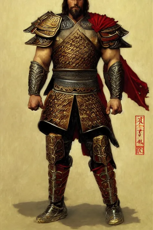 Prompt: attractive beefy male with armor, ancient china, three kingdoms, character design, painting by gaston bussiere, craig mullins, j. c. leyendecker, tom of finland